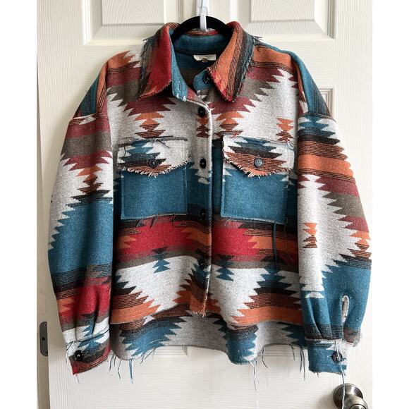 La Miel Tops - LA MIEL Women’s Aztec Southwestern Blanket Frayed Button Shacket Jacket Sz M